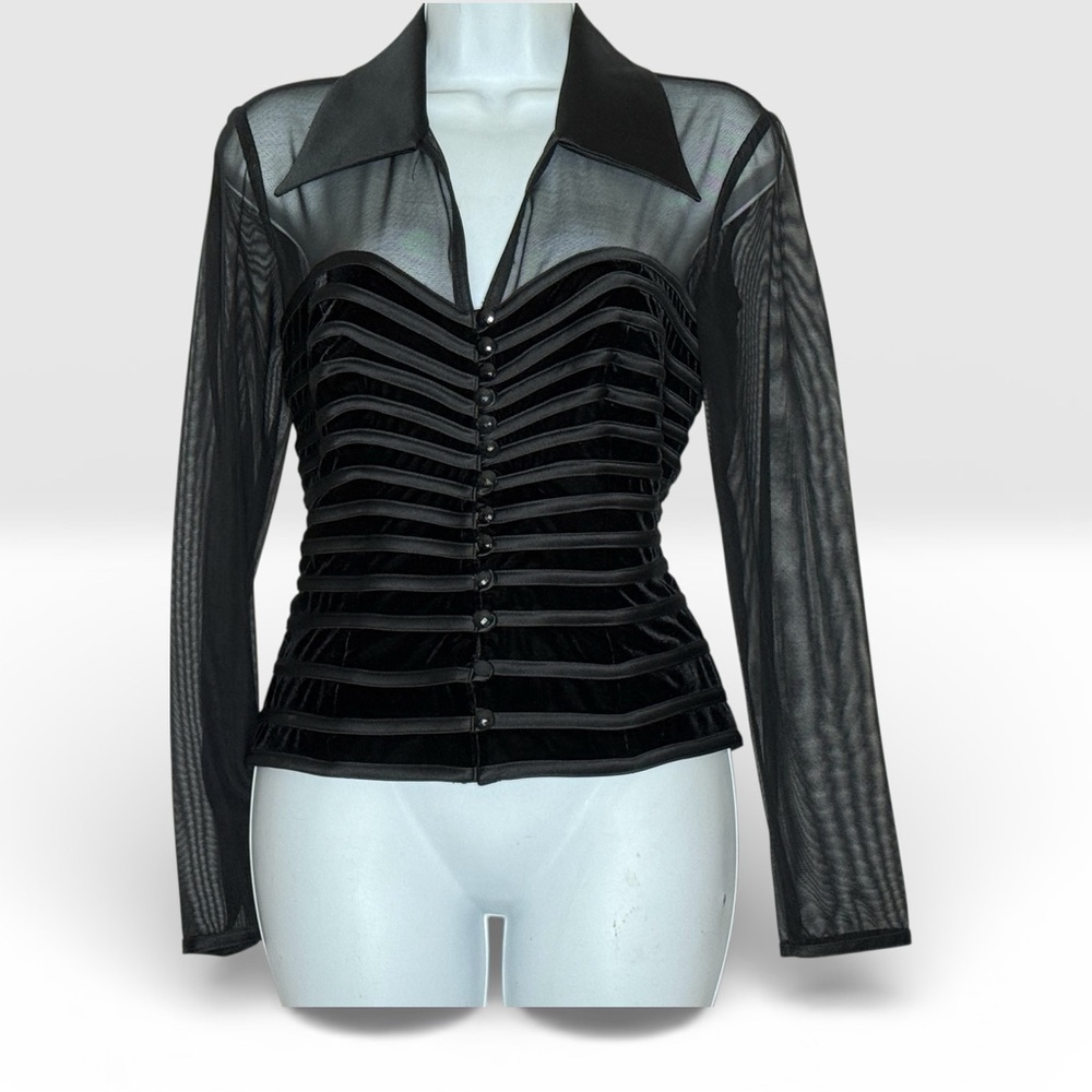 Elegant Black Blouse - Velvet and Satin with Sheer Long Sleeves